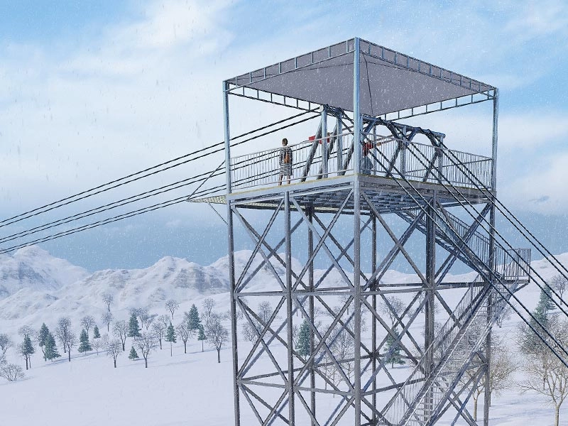 Zipline-uitrusting op grote hoogte voor sneeuwveld