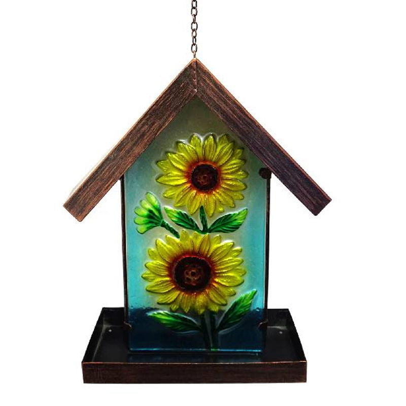 Mooie zonne-vogelvoeder met licht, zonnebloemhuis, tuinhangende vogelvoeder