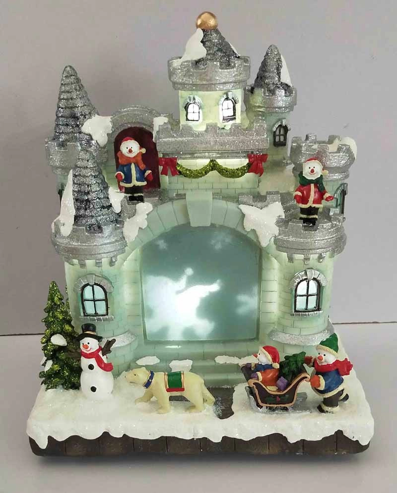 LED-kerstsneeuwmankasteel met sneeuwpop die rond het kasteel rent