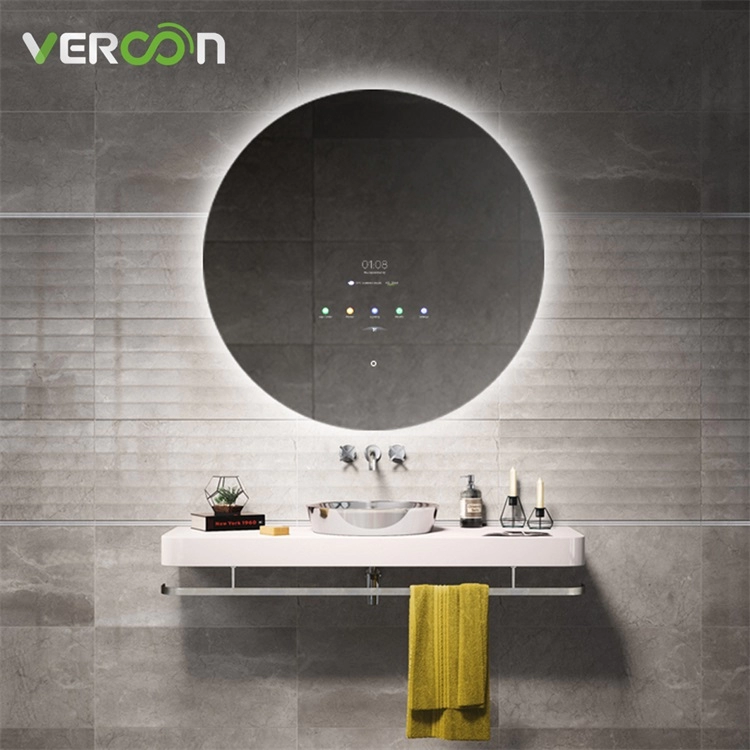 Moderne tijdweergave met achtergrondverlichting, ronde spiegelbadkamer