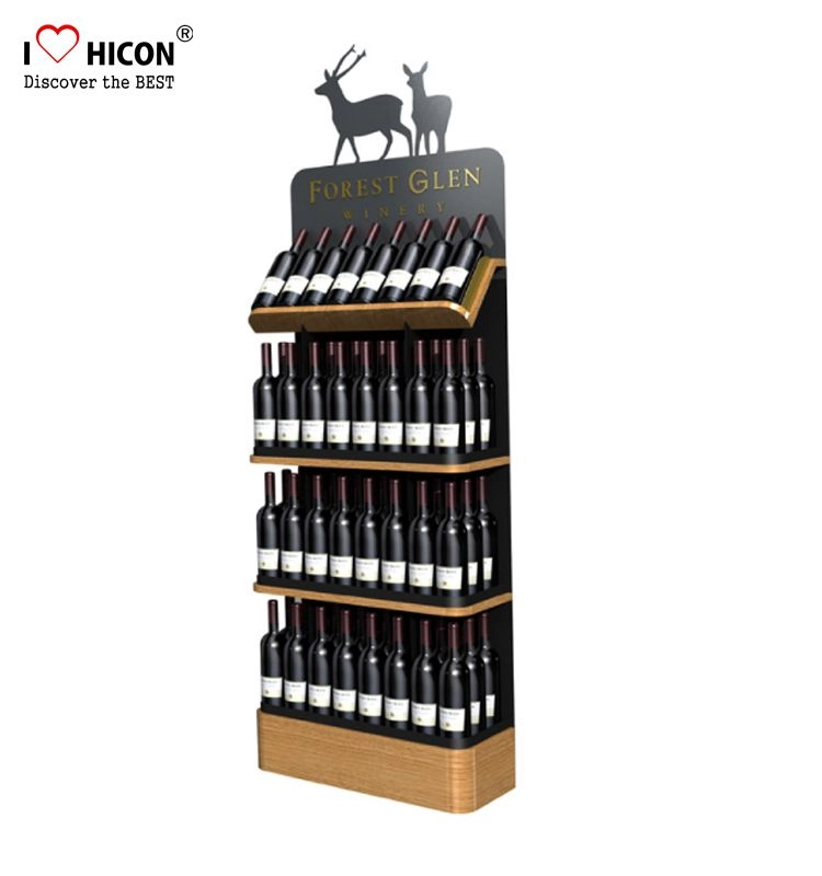 Verkoopbare innovatieve 4-laagse vloer houten wijnfles displaystandaard