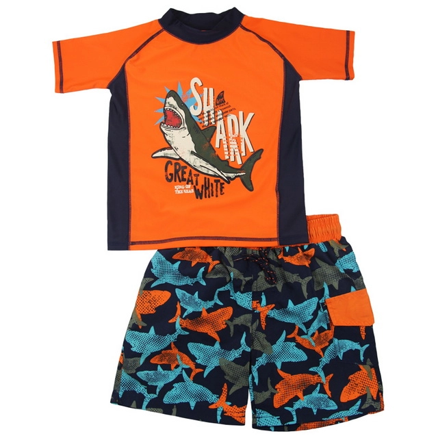 Oranje en marineblauwe Shark Rash Guard & Zwemslips