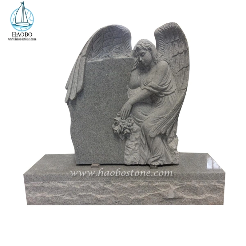 Groothandel fabriek grijs graniet gevleugelde engel houdt Rose Carved Tombstone