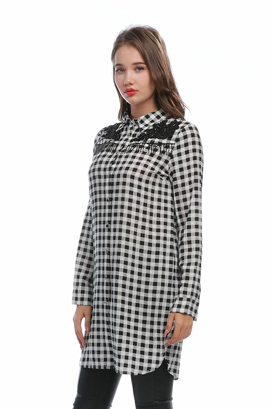 Fabrikant Plaid Beading Appliques Lange mouw herfstkleding Button-down lang shirt voor dames