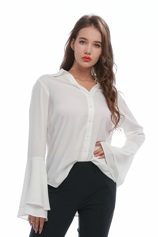 Witte Bell Mouw V-hals Polyester Spandex Vrouw Shirt Blouse