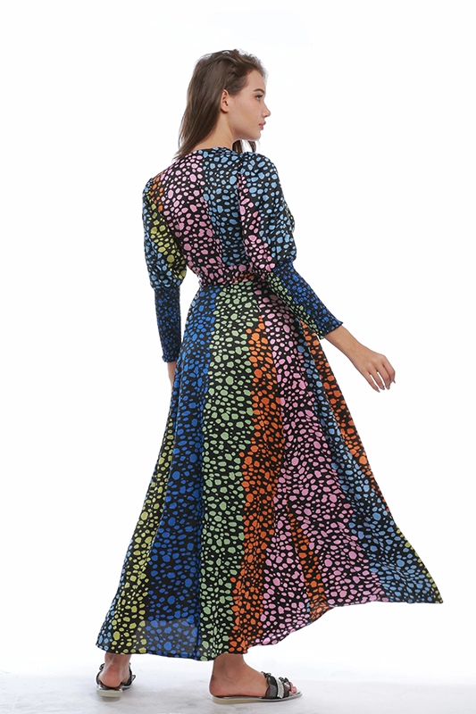 Lange mouw kleurrijke stippen bedrukt elegante v-hals damesjurk casual jurk