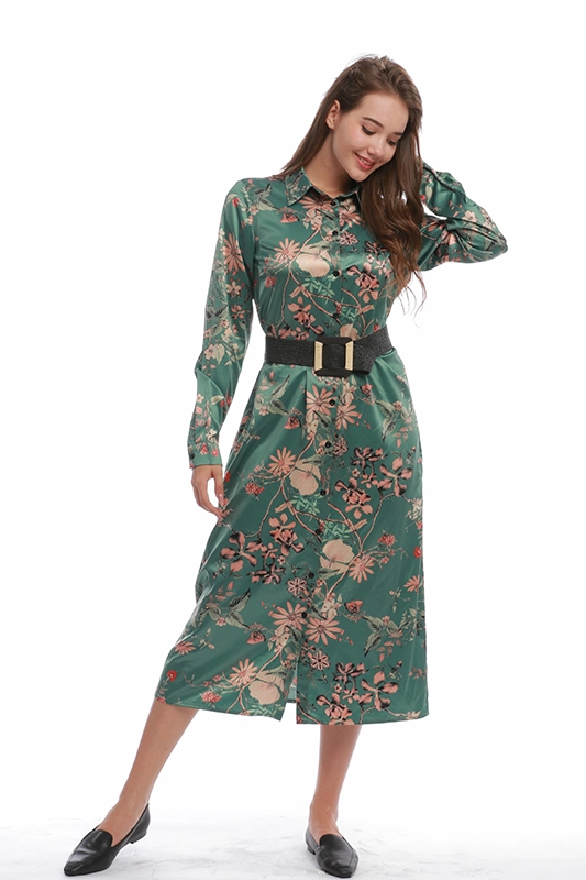 Vrouwen Casual Elegante Vintage Bloemen Satijnen Half-Kalf Lange Mouwen Gordel Tuniek Shirt Jurk
