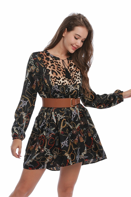 Hoge kwaliteit custom satijn losse zwarte sexy luipaard print mode tuniek jurk vrouwen kleding dames kleding