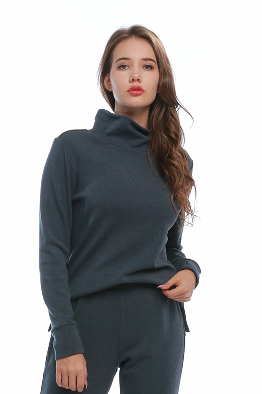 Fabrikant Custom Basic Lange Mouw Hoge Kraag Solid Side Slit Pullover Sweater Damessweatshirt