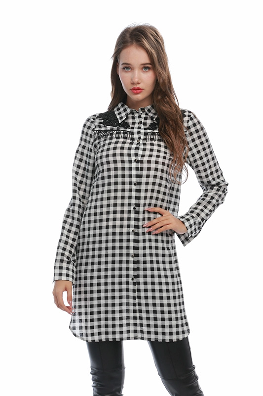 Fabrikant Plaid Beading Appliques Lange mouw herfstkleding Button-down lang shirt voor dames