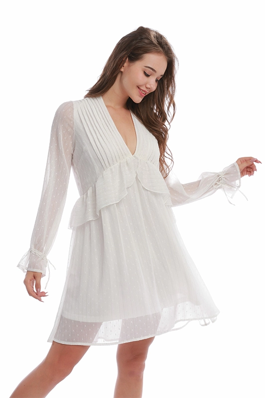 Dames stijlvolle sexy diepe v-hals lange mouw witte jurk pure mesh kanten feestjurken voor dames