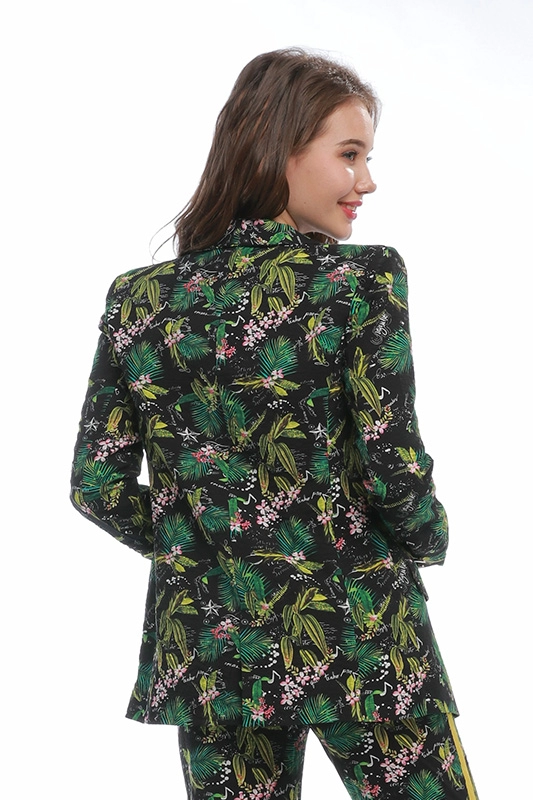 Hoge kwaliteit dunne groene print bloemen gebreide damespakken damesblazers met lange mouwen