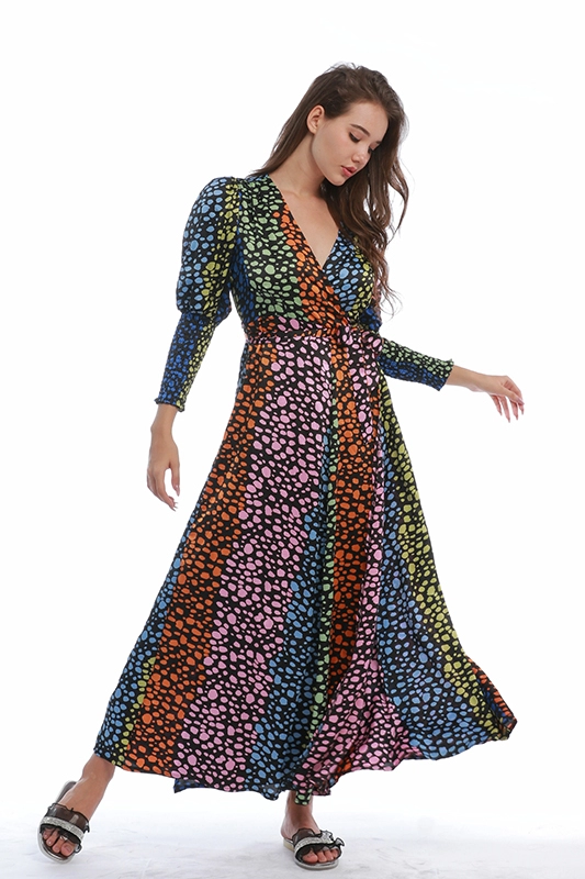 Lange mouw kleurrijke stippen bedrukt elegante v-hals damesjurk casual jurk