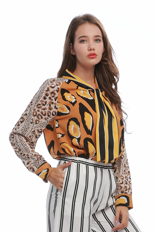 China Fabrieksprijs Bohemian Leopard Printed Sleeve Blouse Damesshirt