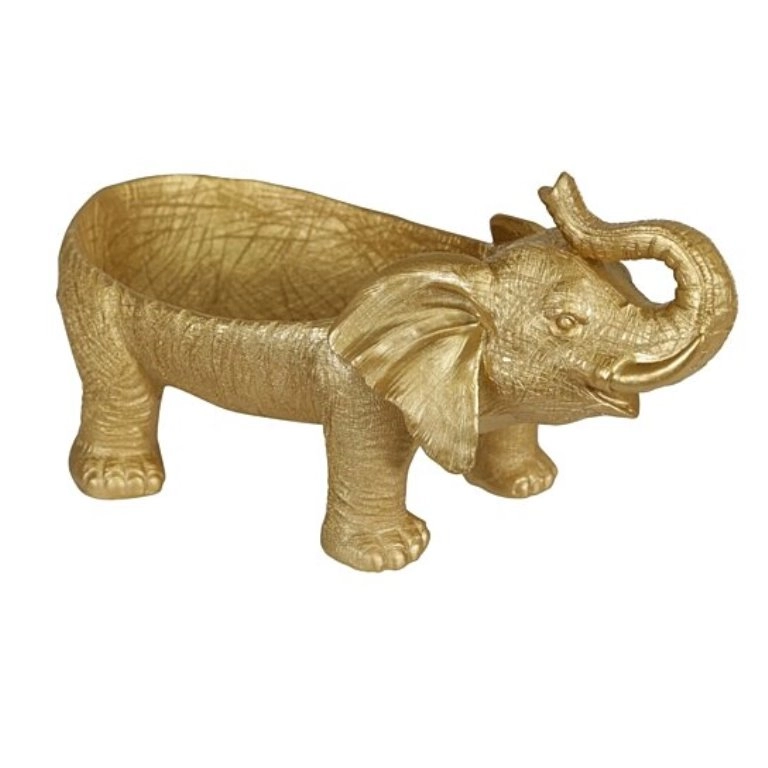 Decoratieve schaal van hars met trompetterend olifantenlichaam, goud