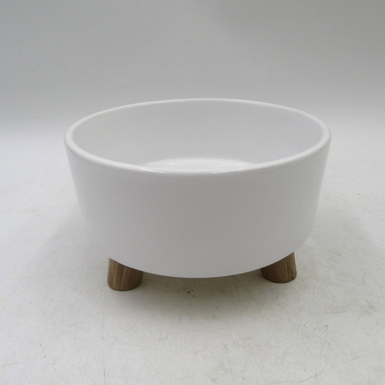 Ceramic pet bowl with wood stand