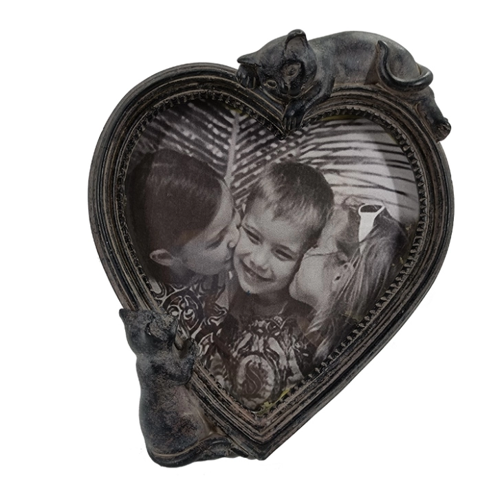 Polyresin bronzen hart fotolijst met poesjes