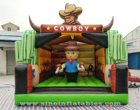 6x5m western cowboy opblaasbaar springkasteel voor kinderen met glijbaan, volledig digitaal bedrukt voor kinderfeestjes in de buitenlucht