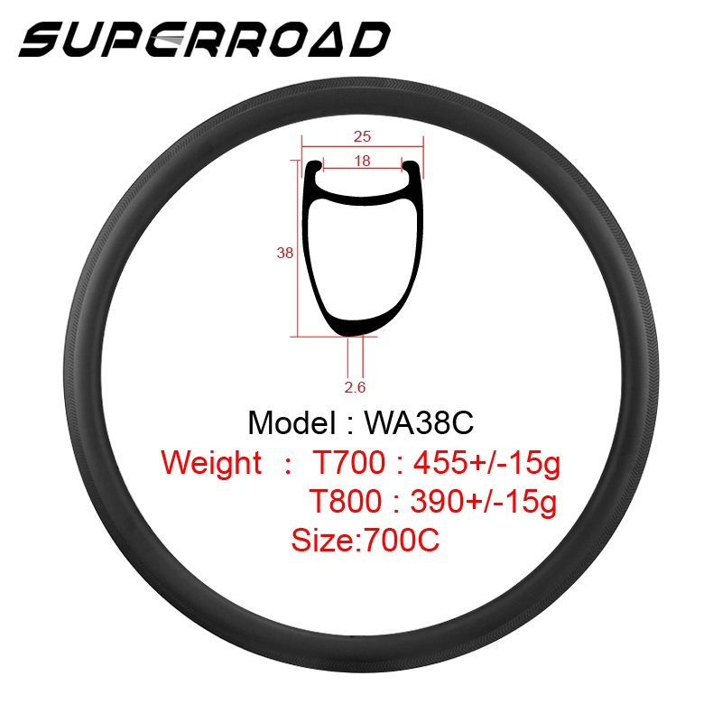 Superroad 700C asymmetrische 38 mm carbon racevelgen voor draadbanden