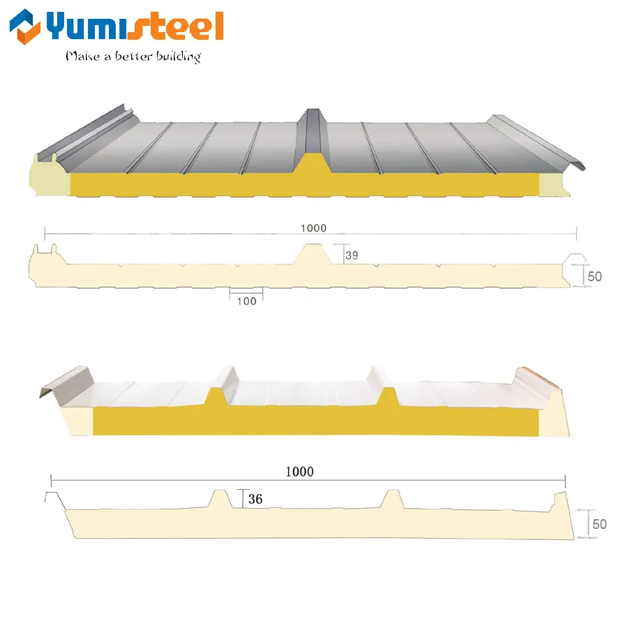 50 mm polyurethaan afdichtend dak van steenwol/glaswol sandwichpaneel