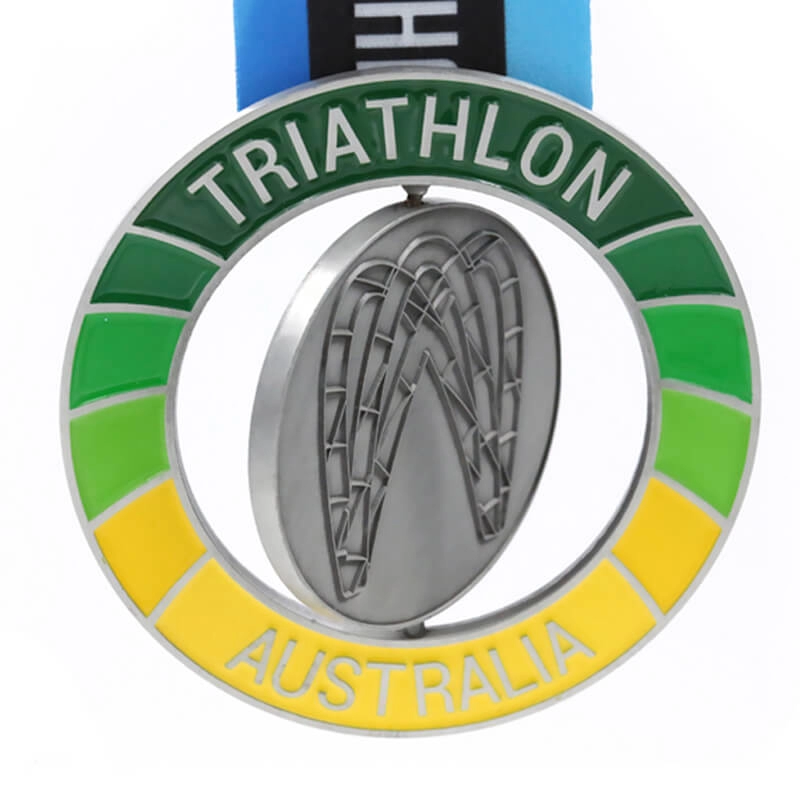 Medaillefabriek op maat gemaakte draaiende triatlonmedaille